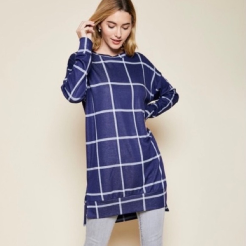 🔥🆕Blue Windowpane Long Sleeve Tunic